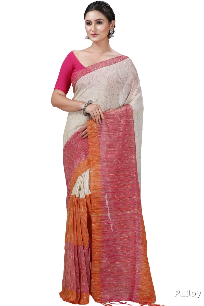 Orange White Pure Cotton Kusu Hand Loom Saree (1281)