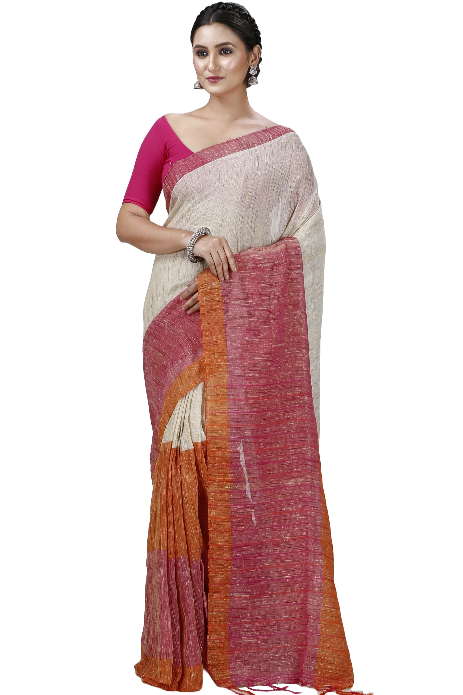 Orange White Pure Cotton Kusu Hand Loom Saree (1281)