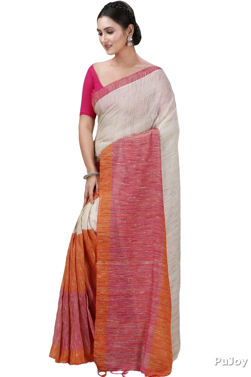 Orange White Pure Cotton Kusu Hand Loom Saree (1281)