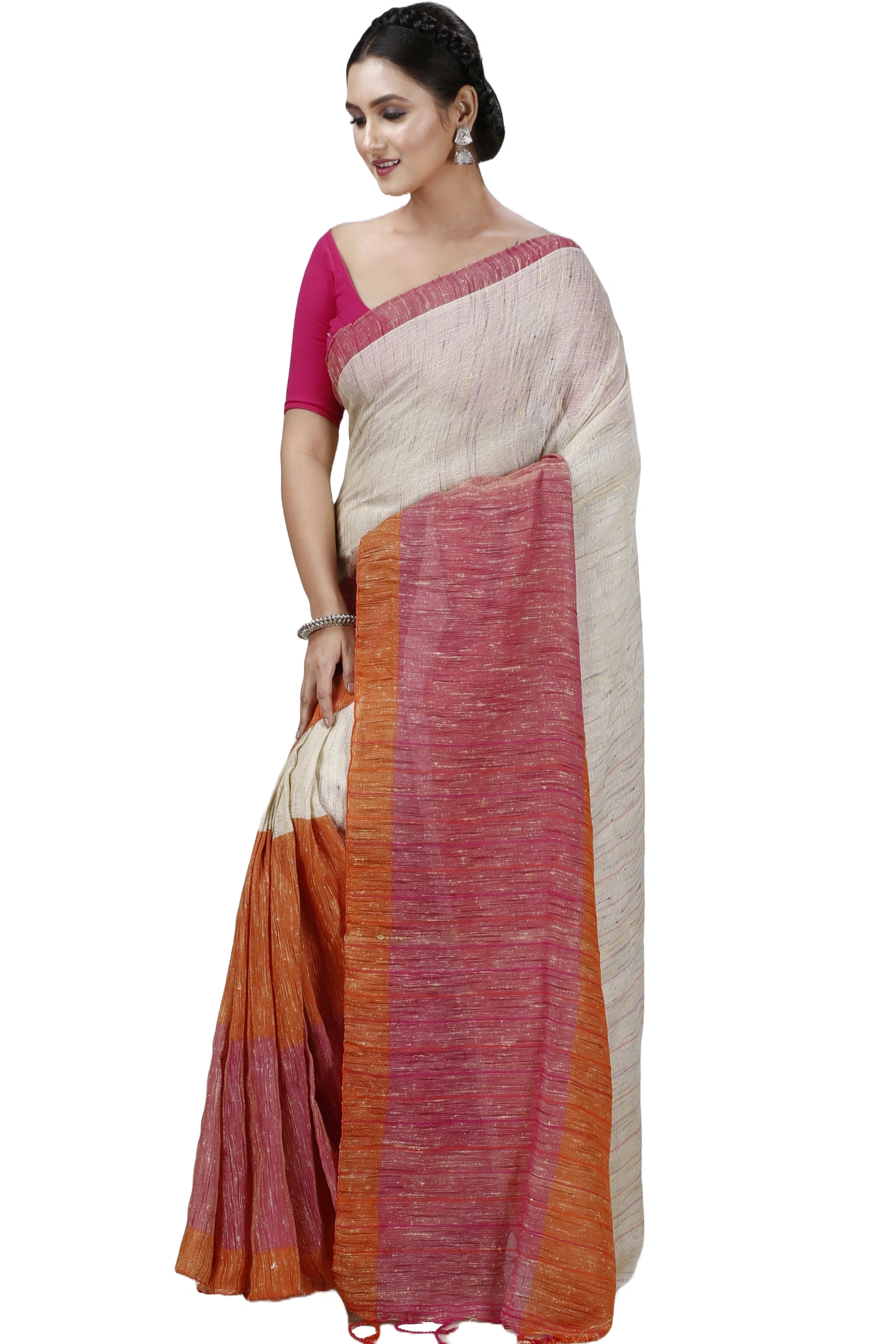 Orange White Pure Cotton Kusu Hand Loom Saree (1281)