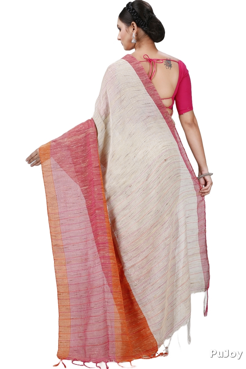 Orange White Pure Cotton Kusu Hand Loom Saree (1281)