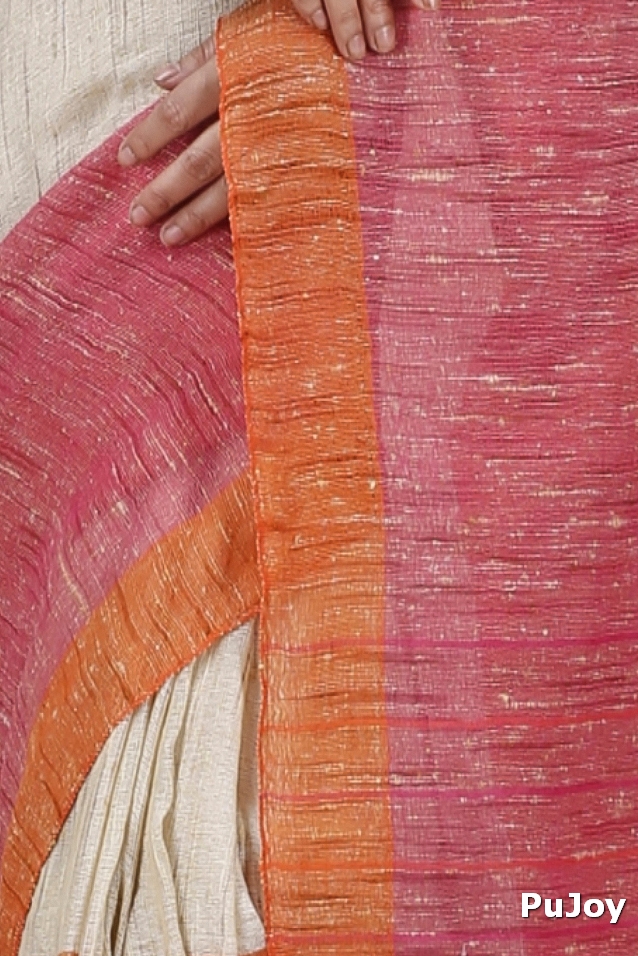 Orange White Pure Cotton Kusu Hand Loom Saree (1281)