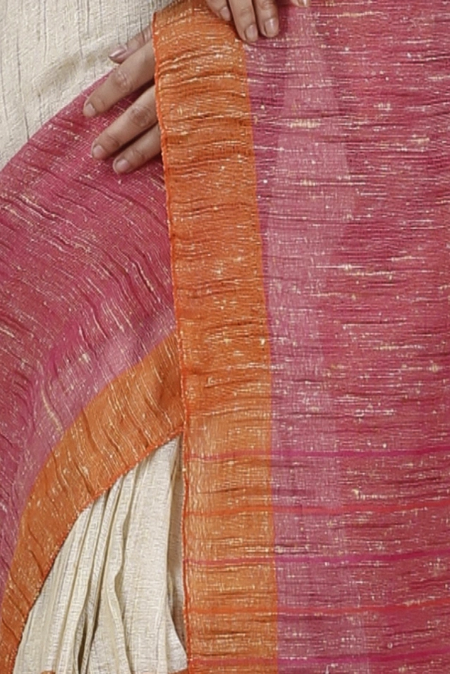 Orange White Pure Cotton Kusu Hand Loom Saree (1281)