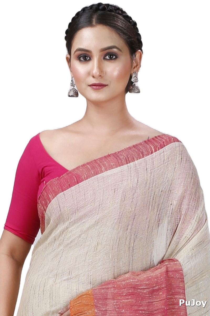 Orange White Pure Cotton Kusu Hand Loom Saree (1281)