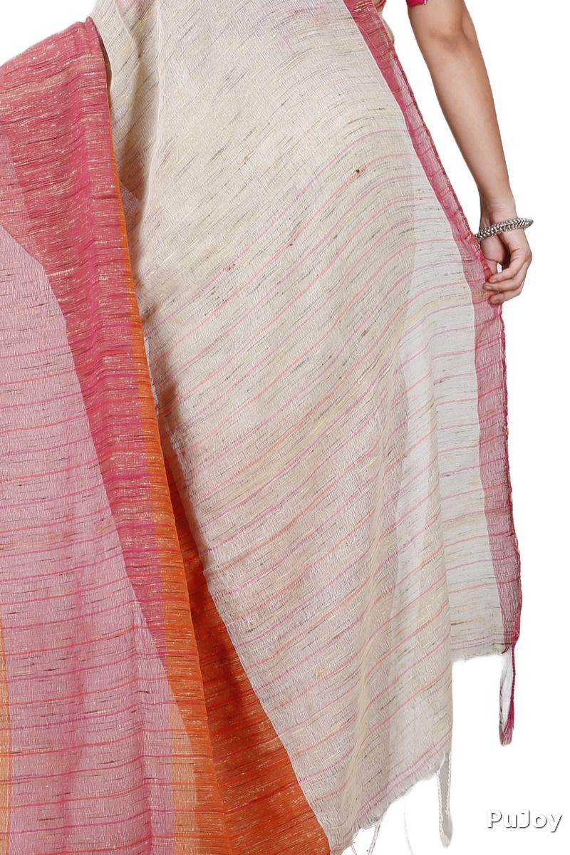 Orange White Pure Cotton Kusu Hand Loom Saree (1281)