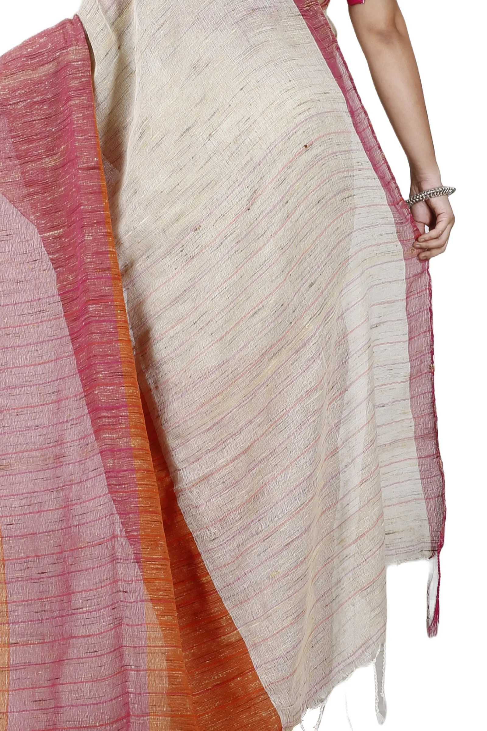 Orange White Pure Cotton Kusu Hand Loom Saree (1281)