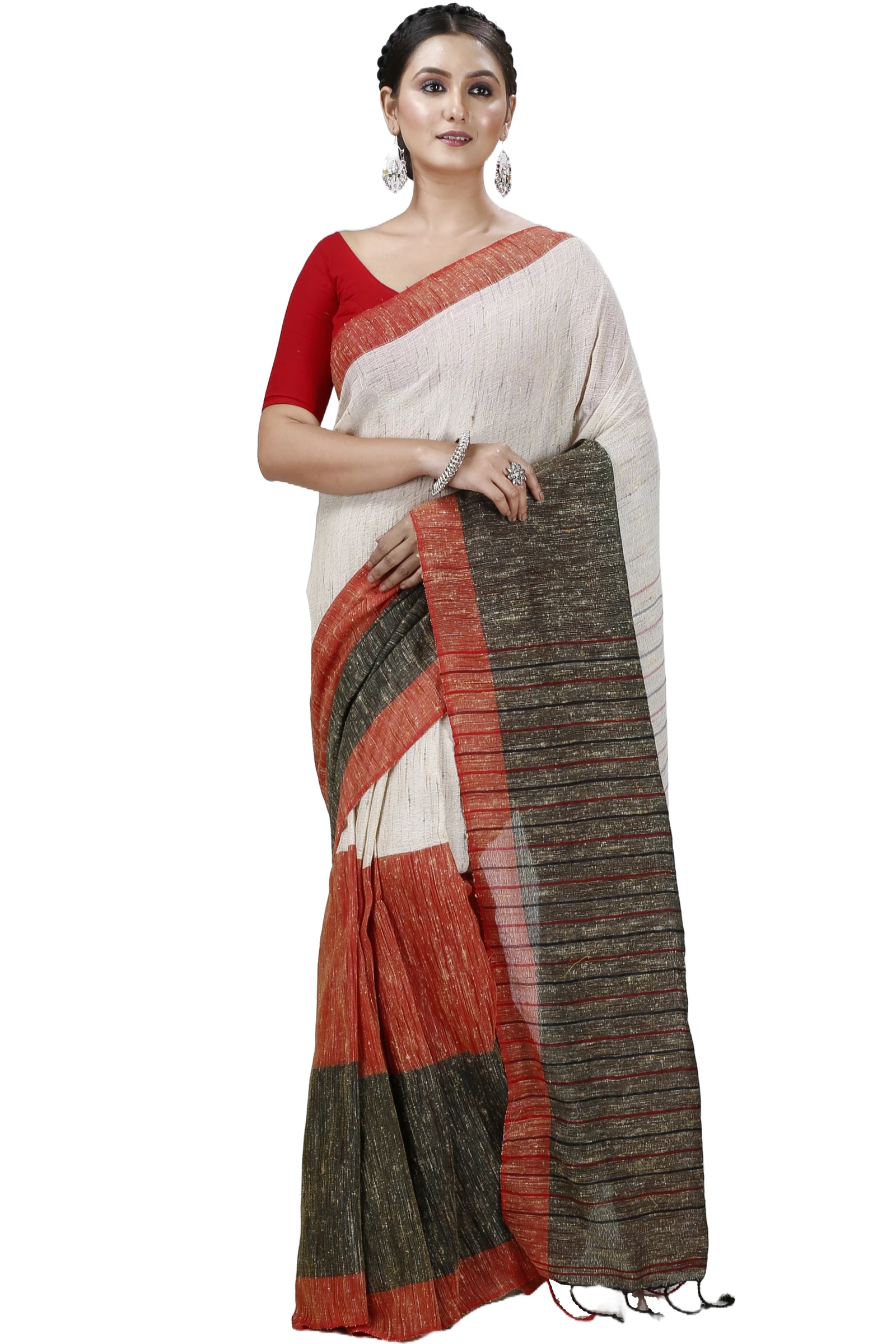 Red White Pure Cotton Kusu Hand Loom Saree (1282)