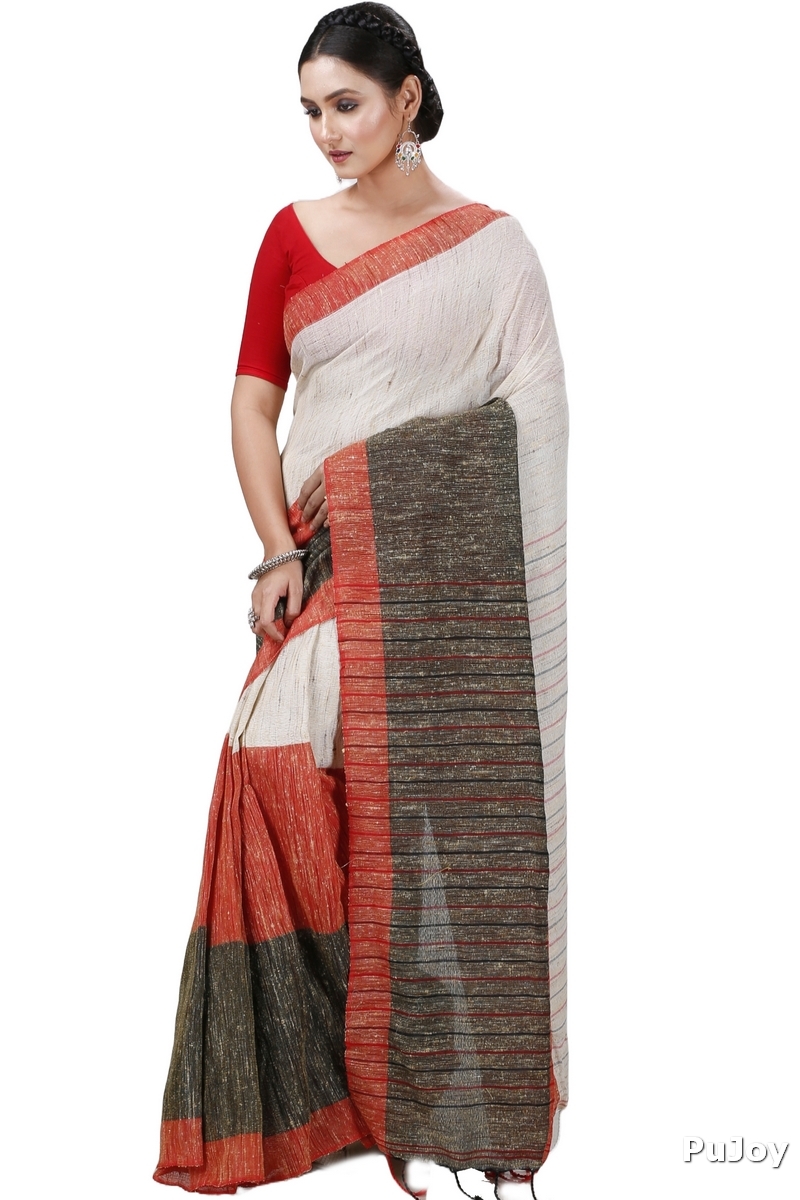 Red White Pure Cotton Kusu Hand Loom Saree (1282)
