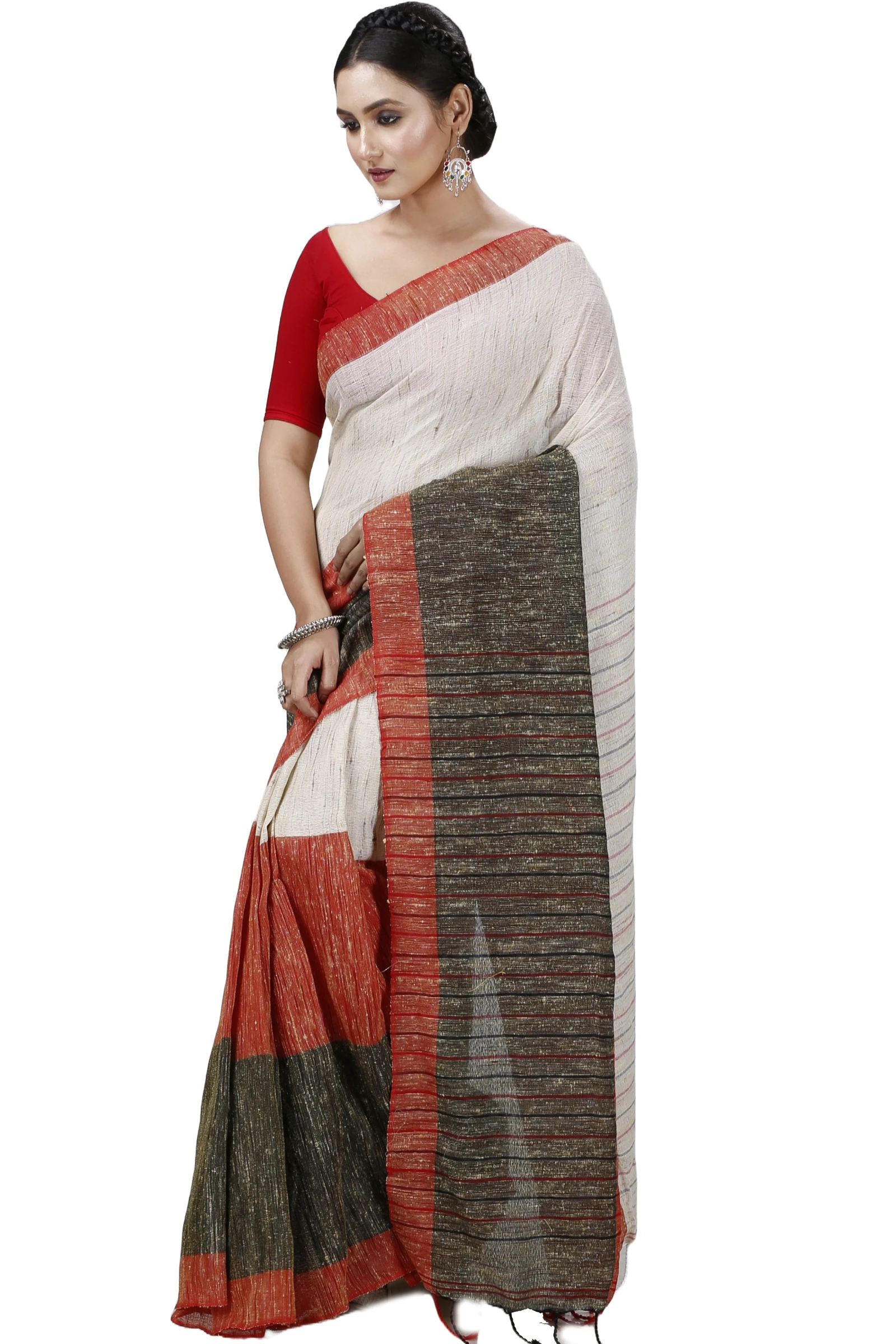 Red White Pure Cotton Kusu Hand Loom Saree (1282)