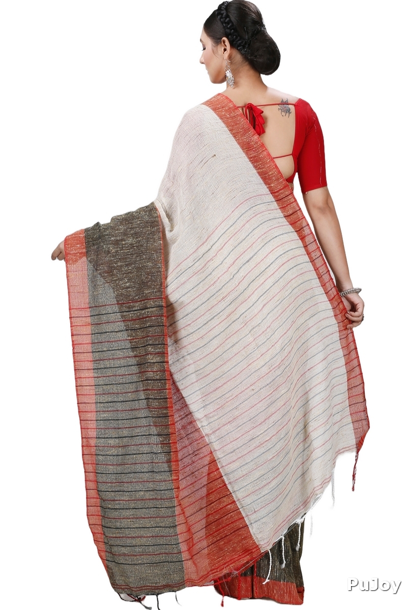 Red White Pure Cotton Kusu Hand Loom Saree (1282)