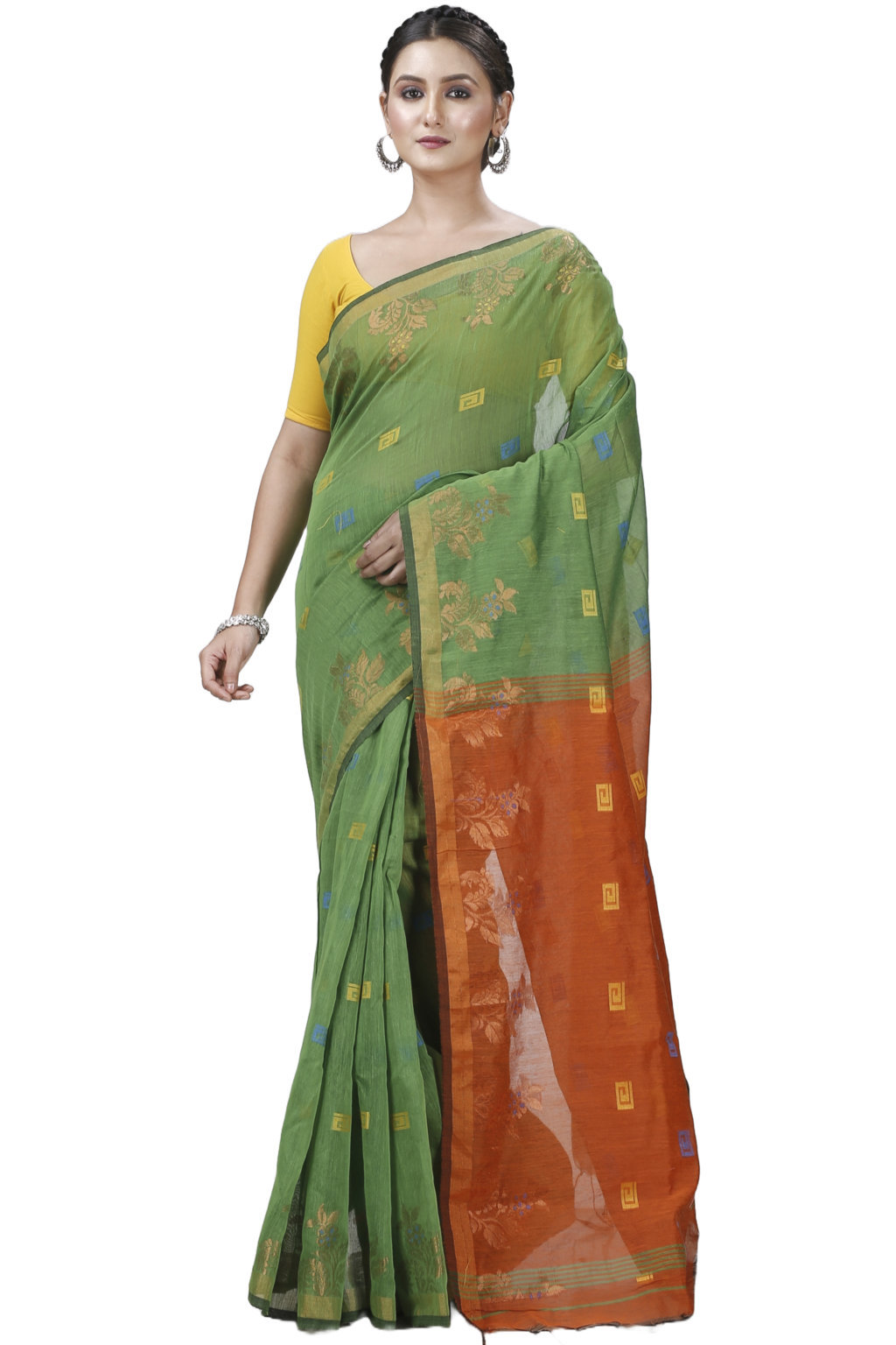 Green Blended Cotton Banu Hand Loom Saree (1285)