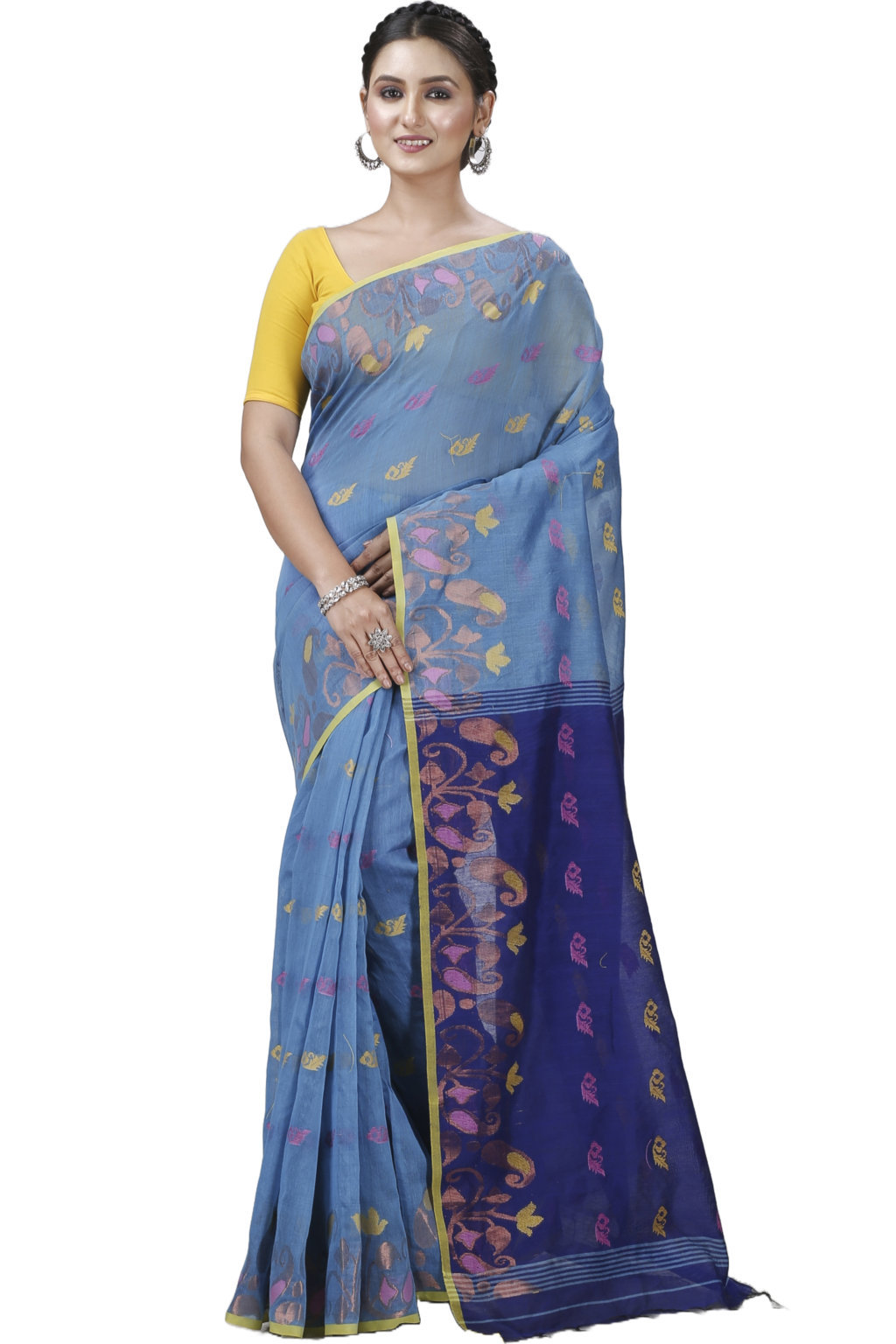 See Blue Blended Cotton Banu Hand Loom Saree (1286)