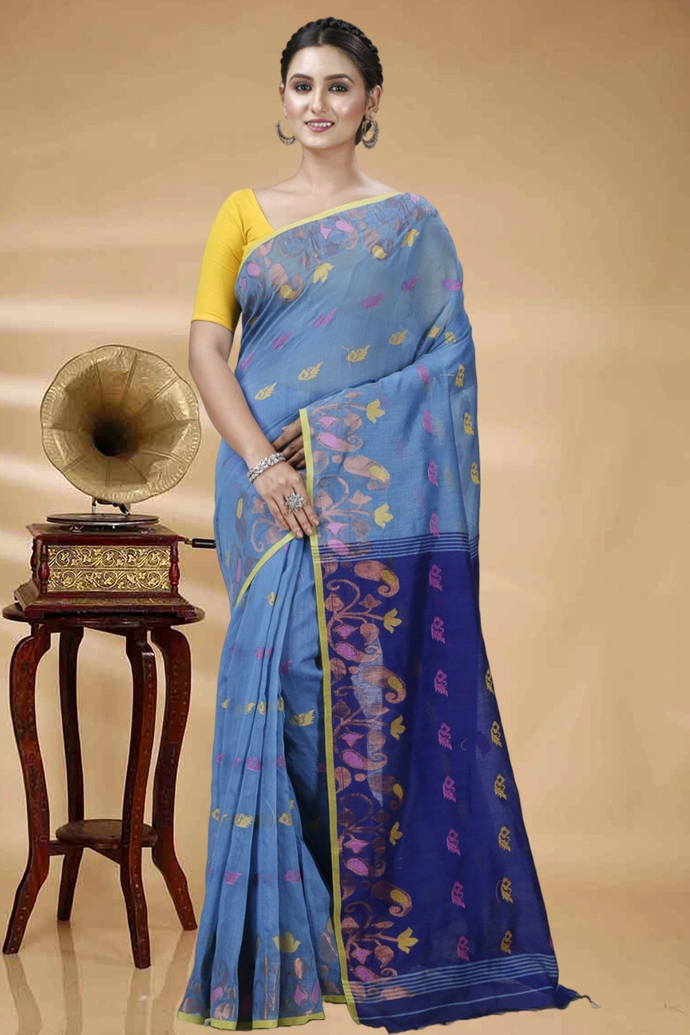 See Blue Blended Cotton Banu Hand Loom Saree (1286)
