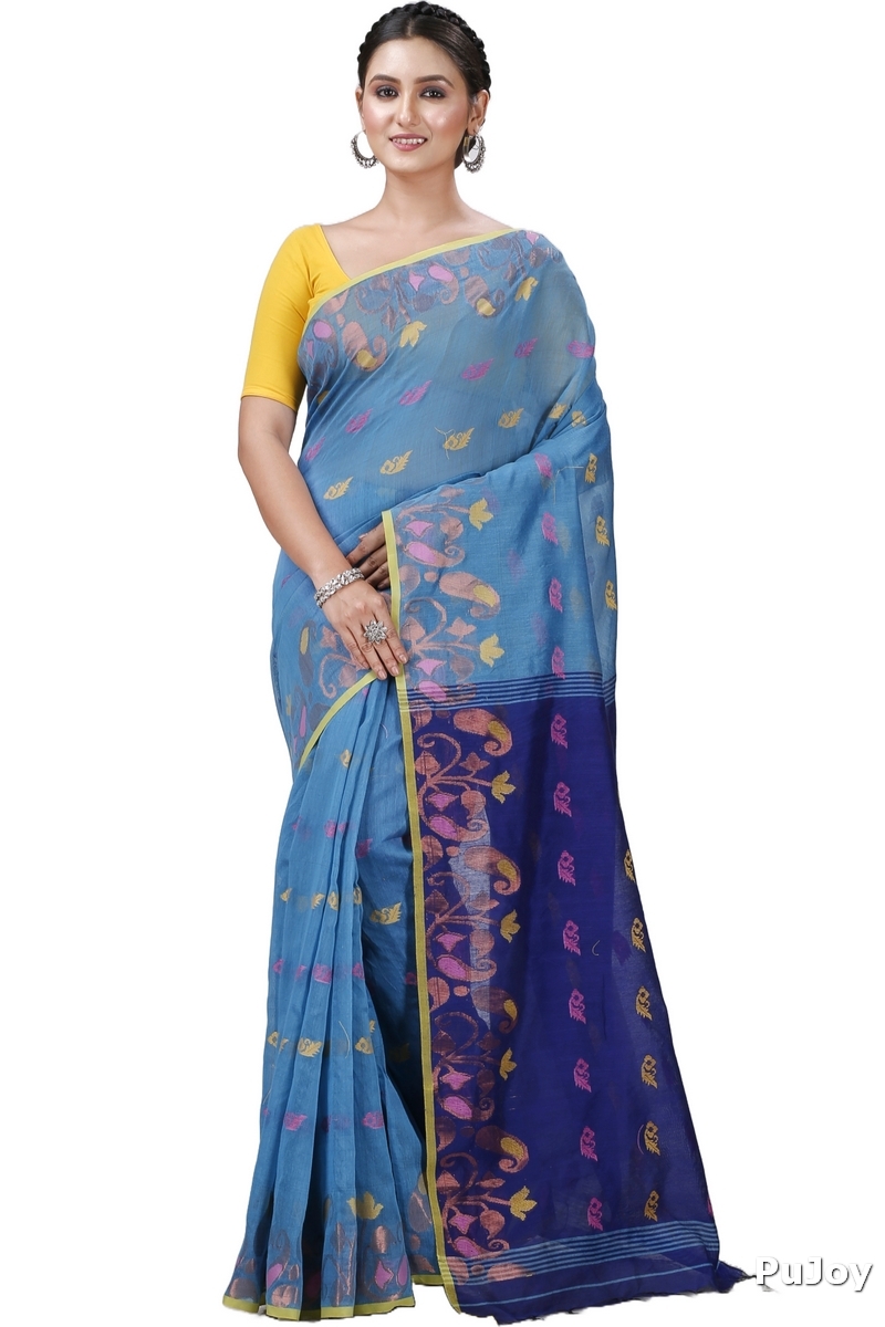See Blue Blended Cotton Banu Hand Loom Saree (1286)