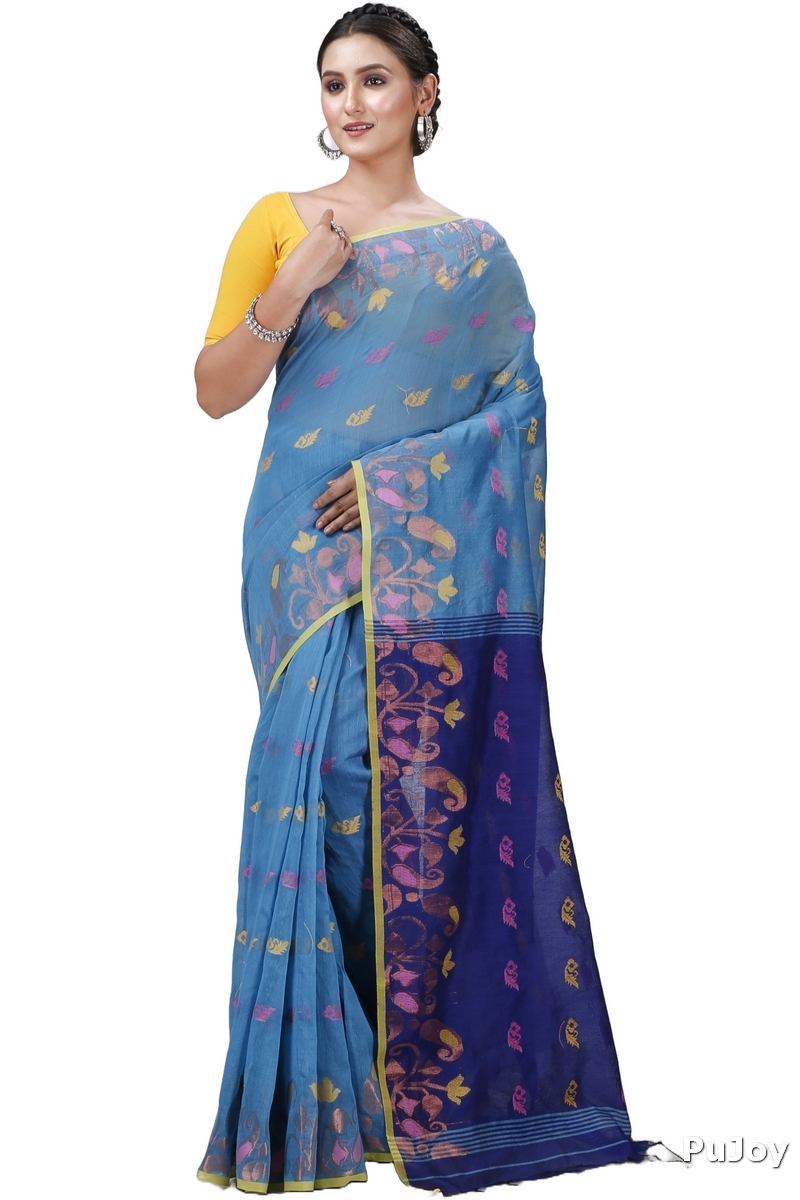 See Blue Blended Cotton Banu Hand Loom Saree (1286)
