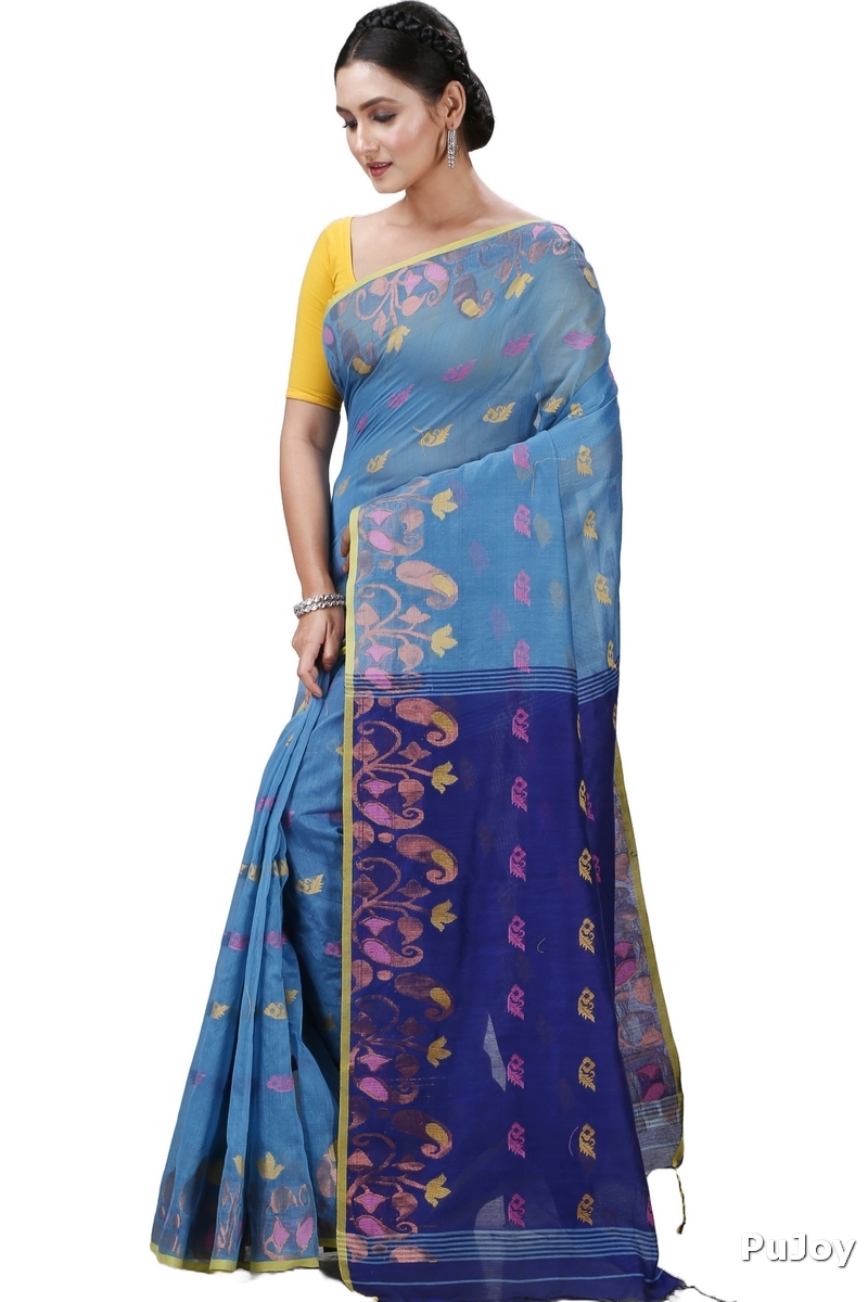 See Blue Blended Cotton Banu Hand Loom Saree (1286)