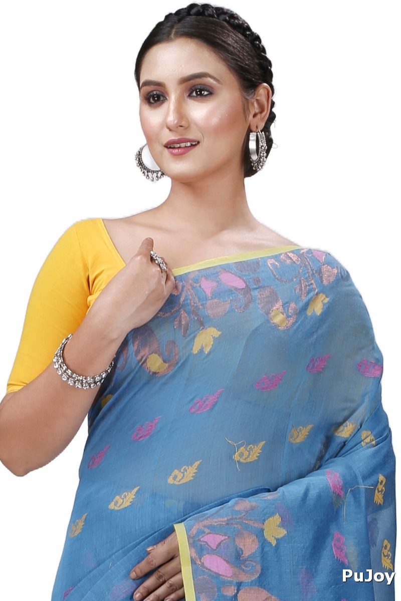 See Blue Blended Cotton Banu Hand Loom Saree (1286)