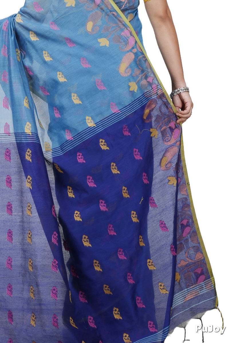 See Blue Blended Cotton Banu Hand Loom Saree (1286)