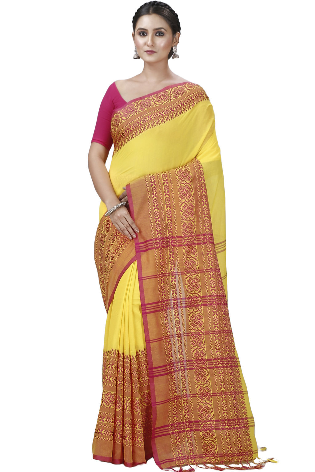 Yellow Red Pure Cotton Begompuri_Hand Hand Loom Saree (1287)