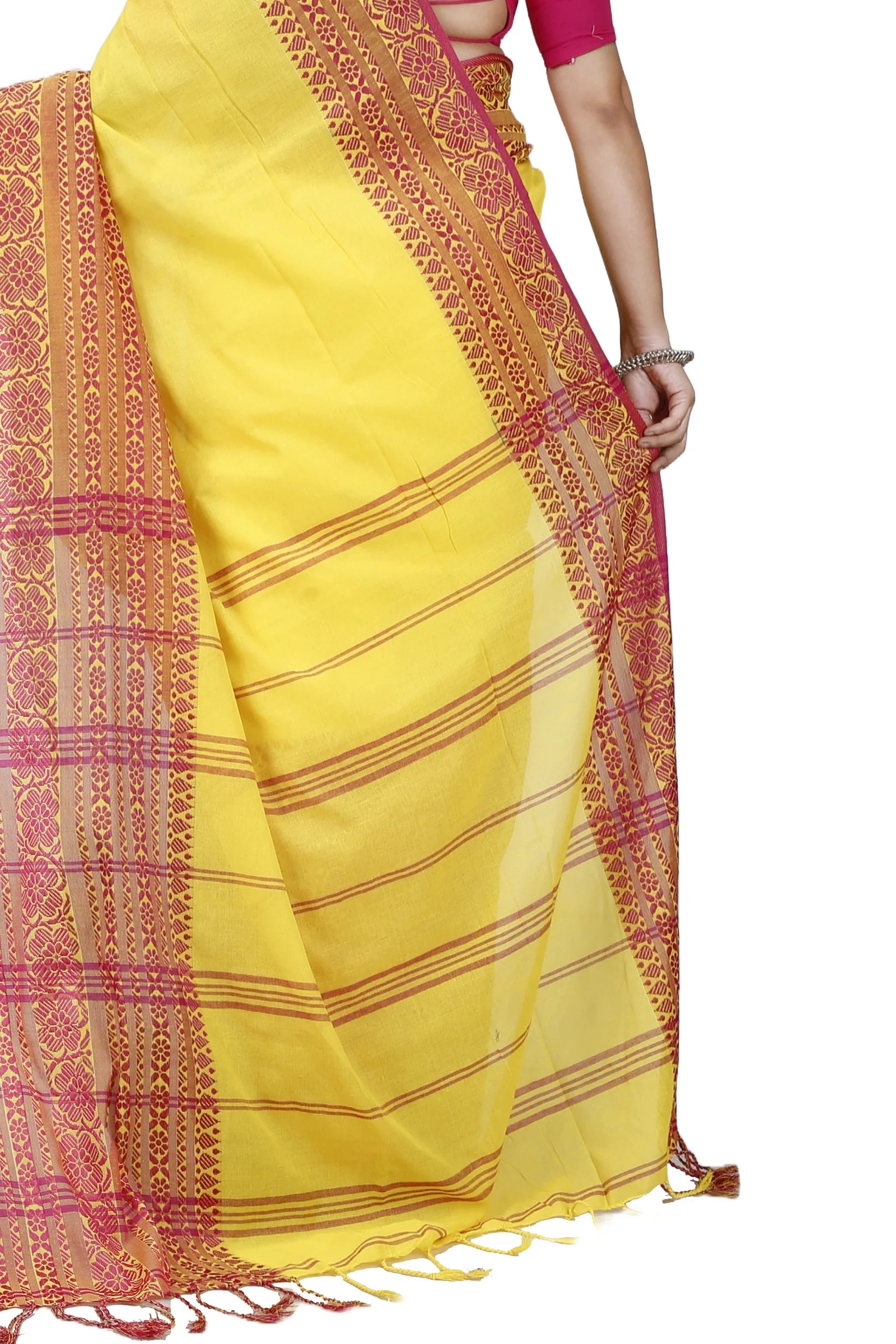 Yellow Red Pure Cotton Begompuri_Hand Hand Loom Saree (1287)