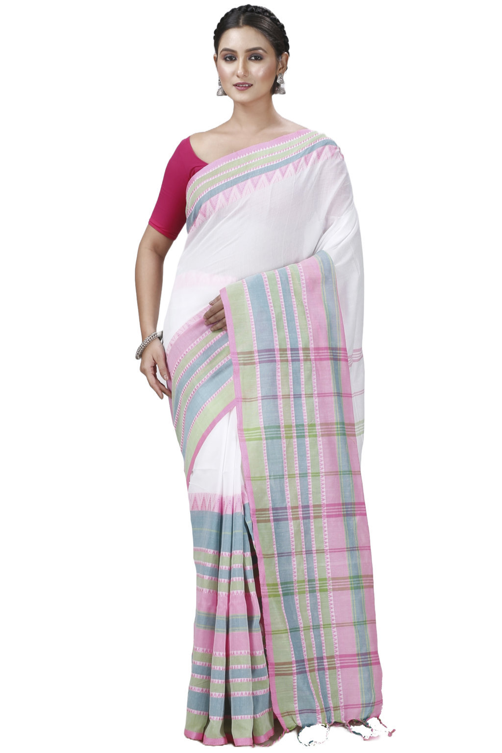 White Pink Pure Cotton Begompuri_Hand Hand Loom Saree (1289)