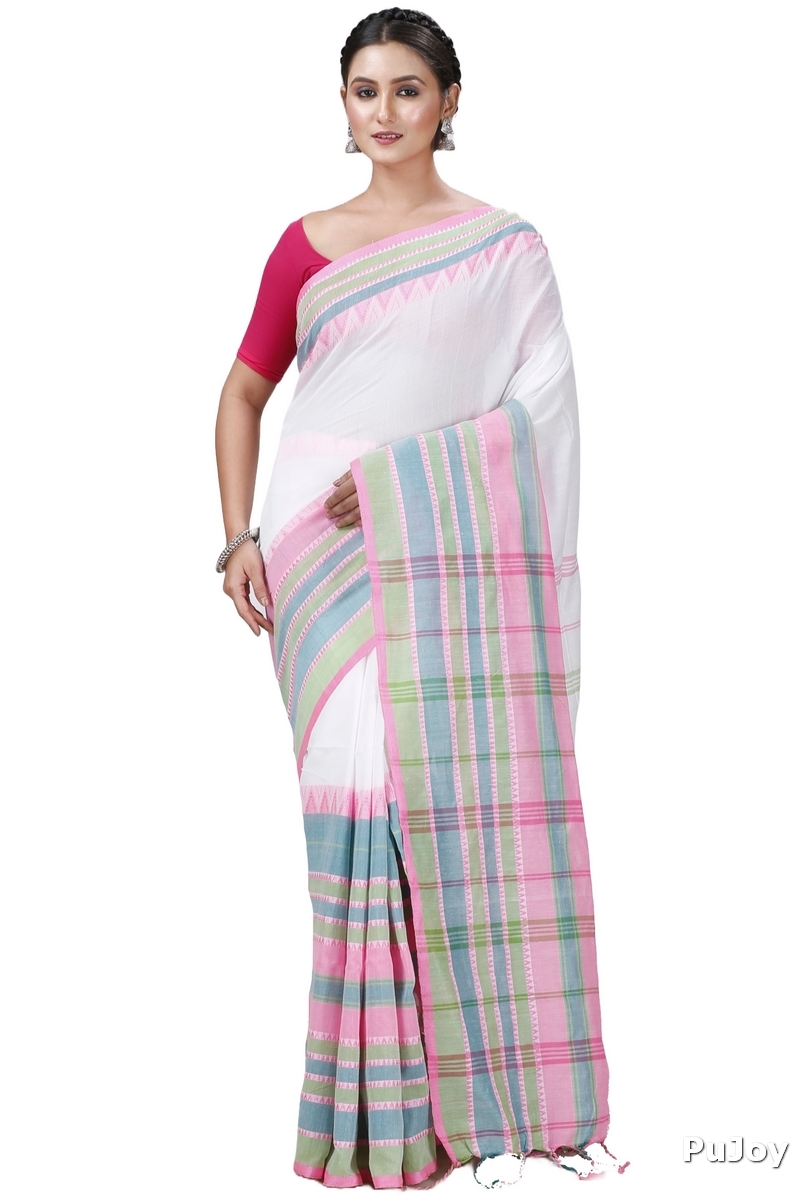 White Pink Pure Cotton Begompuri_Hand Hand Loom Saree (1289)