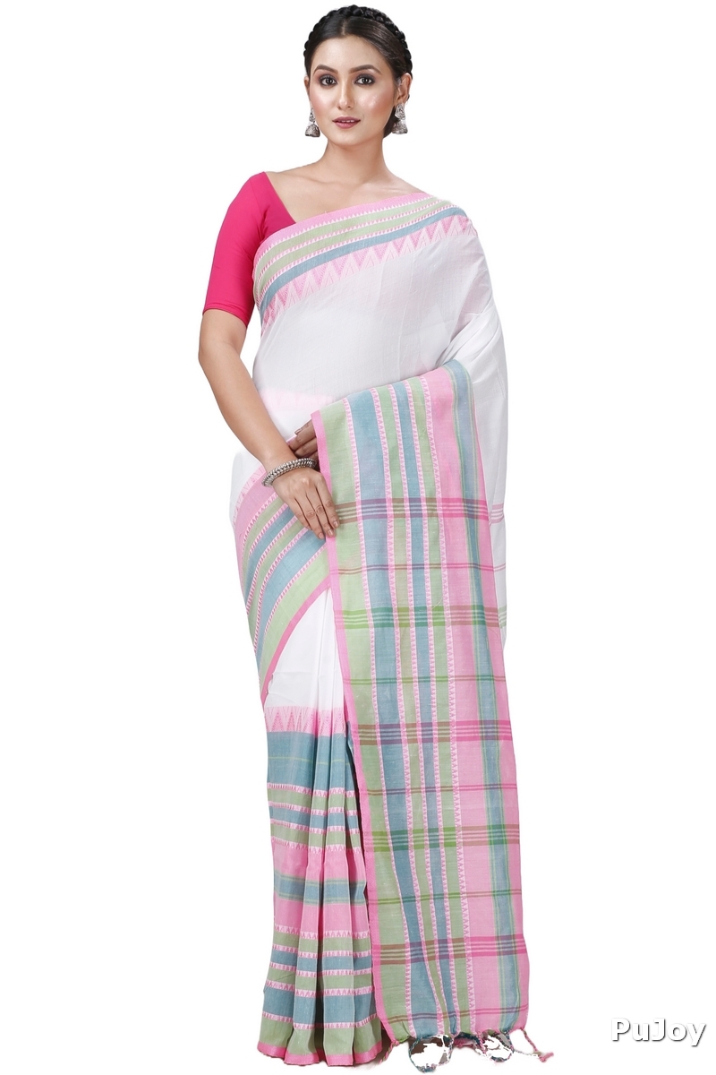 White Pink Pure Cotton Begompuri_Hand Hand Loom Saree (1289)