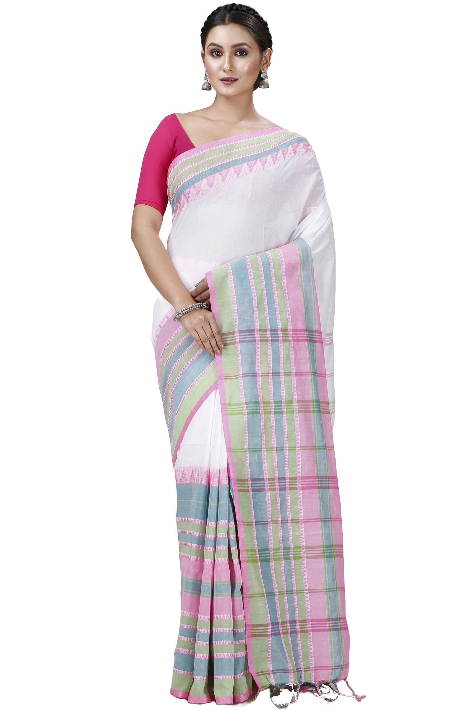 White Pink Pure Cotton Begompuri_Hand Hand Loom Saree (1289)