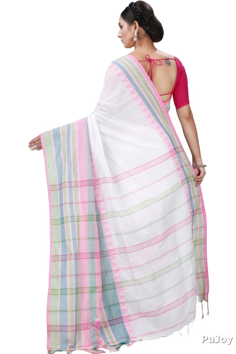 White Pink Pure Cotton Begompuri_Hand Hand Loom Saree (1289)