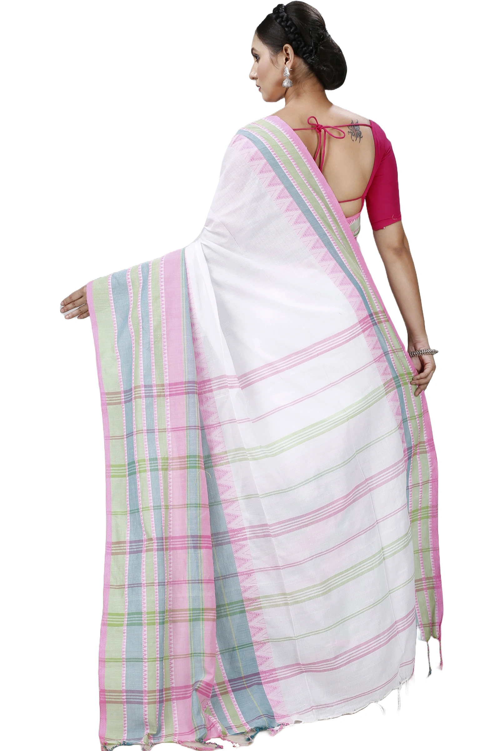 White Pink Pure Cotton Begompuri_Hand Hand Loom Saree (1289)