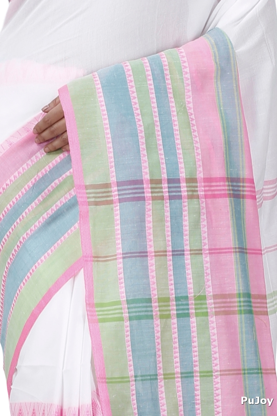 White Pink Pure Cotton Begompuri_Hand Hand Loom Saree (1289)