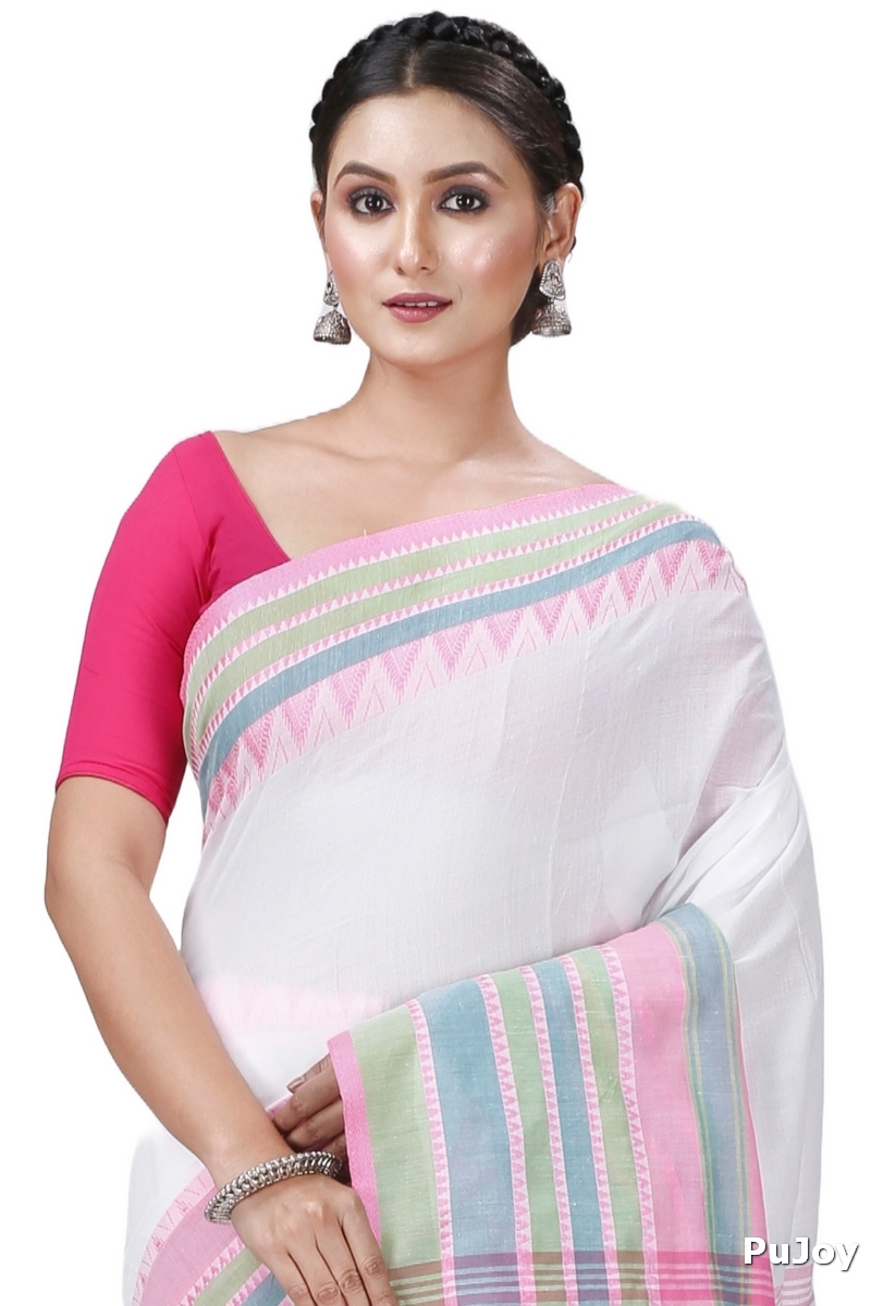White Pink Pure Cotton Begompuri_Hand Hand Loom Saree (1289)