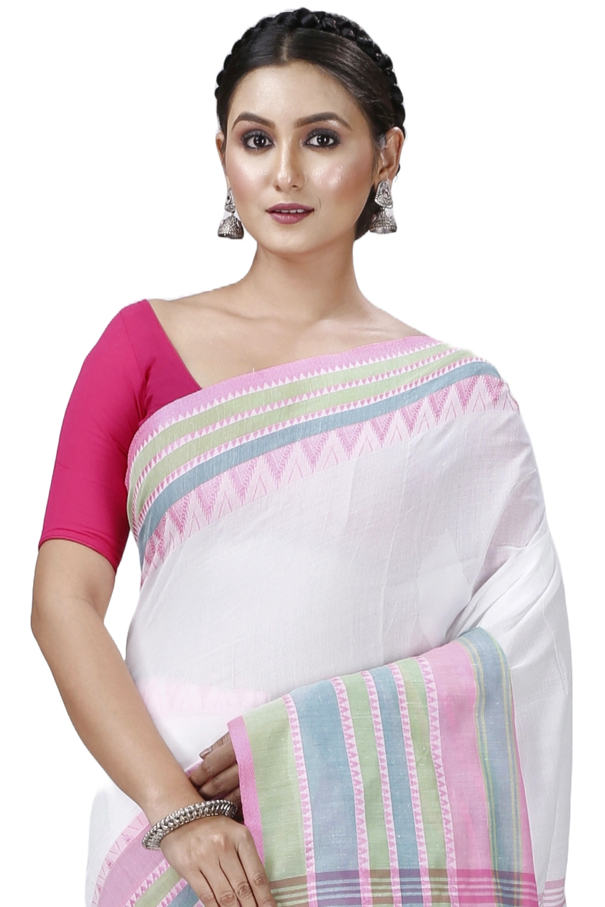 White Pink Pure Cotton Begompuri_Hand Hand Loom Saree (1289)