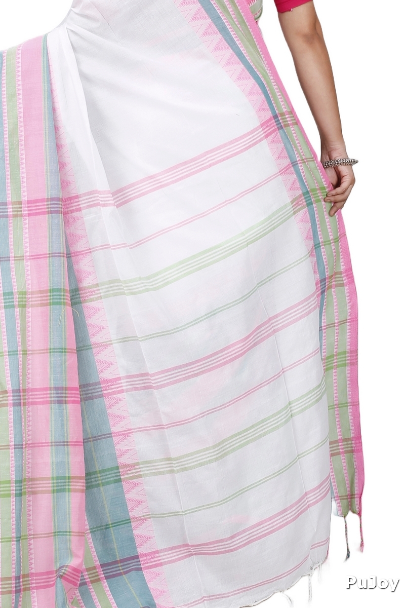White Pink Pure Cotton Begompuri_Hand Hand Loom Saree (1289)