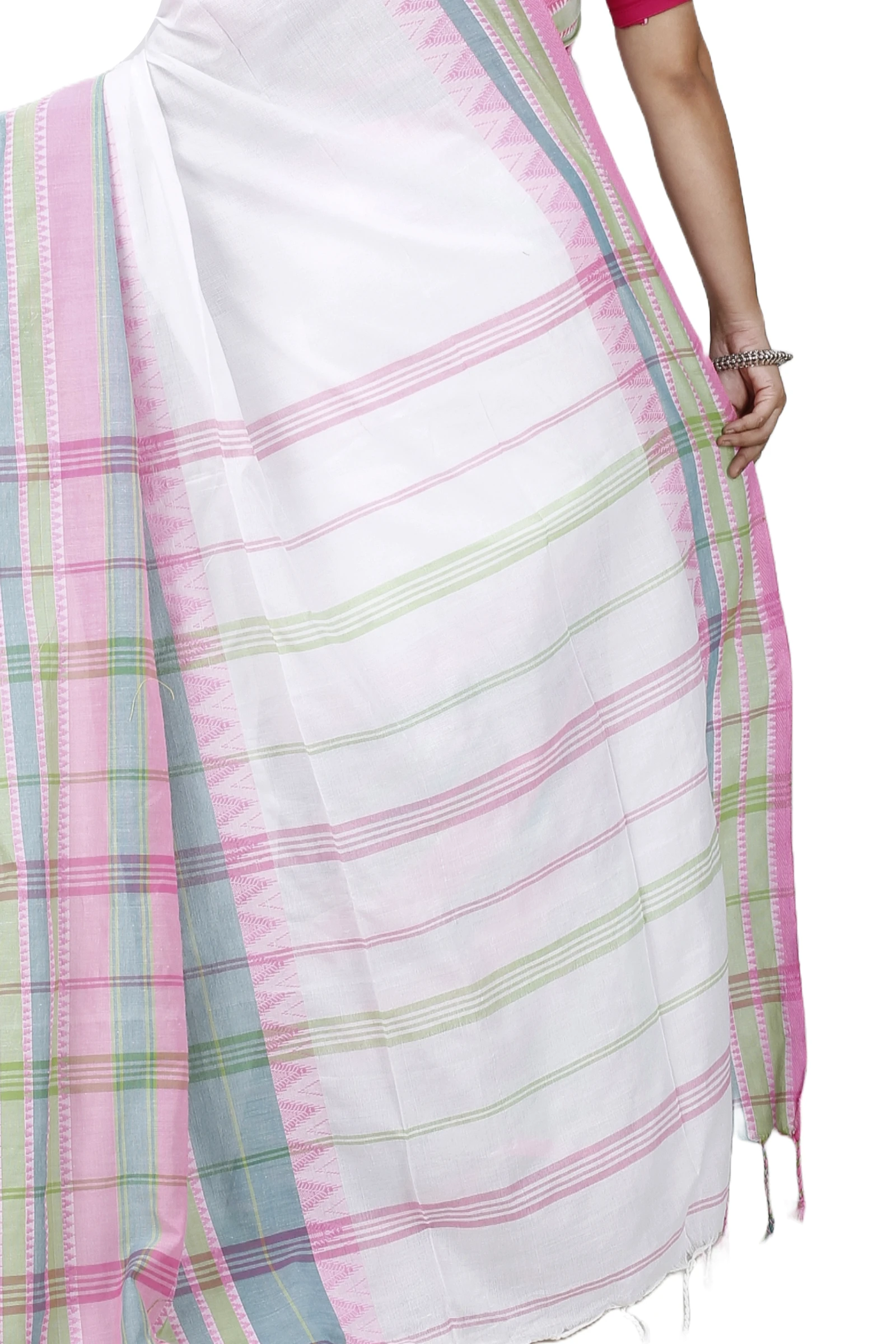 White Pink Pure Cotton Begompuri_Hand Hand Loom Saree (1289)