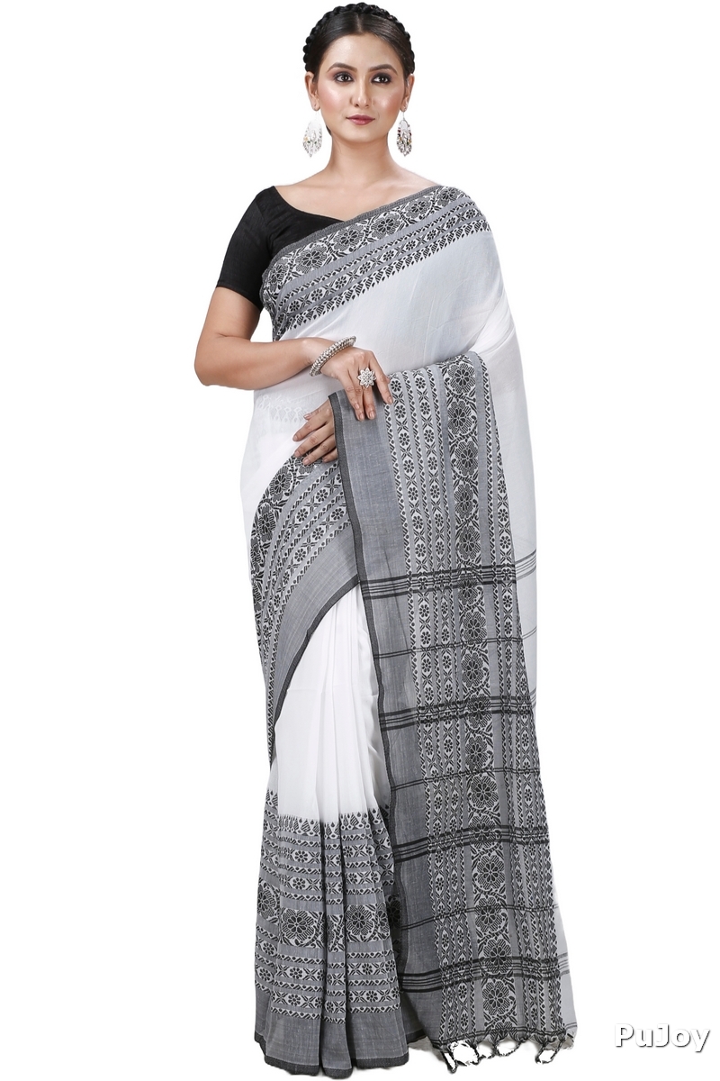 Black White Pure Cotton Begompuri_Hand Hand Loom Saree (1290)