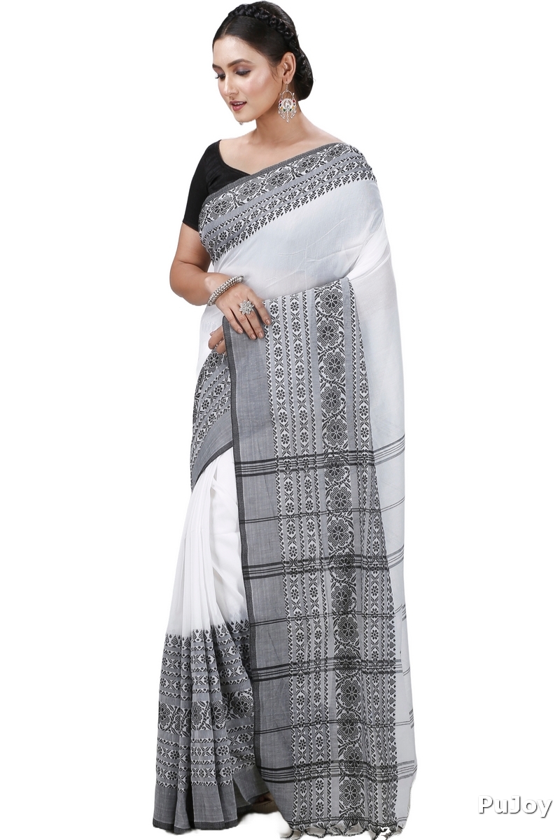 Black White Pure Cotton Begompuri_Hand Hand Loom Saree (1290)