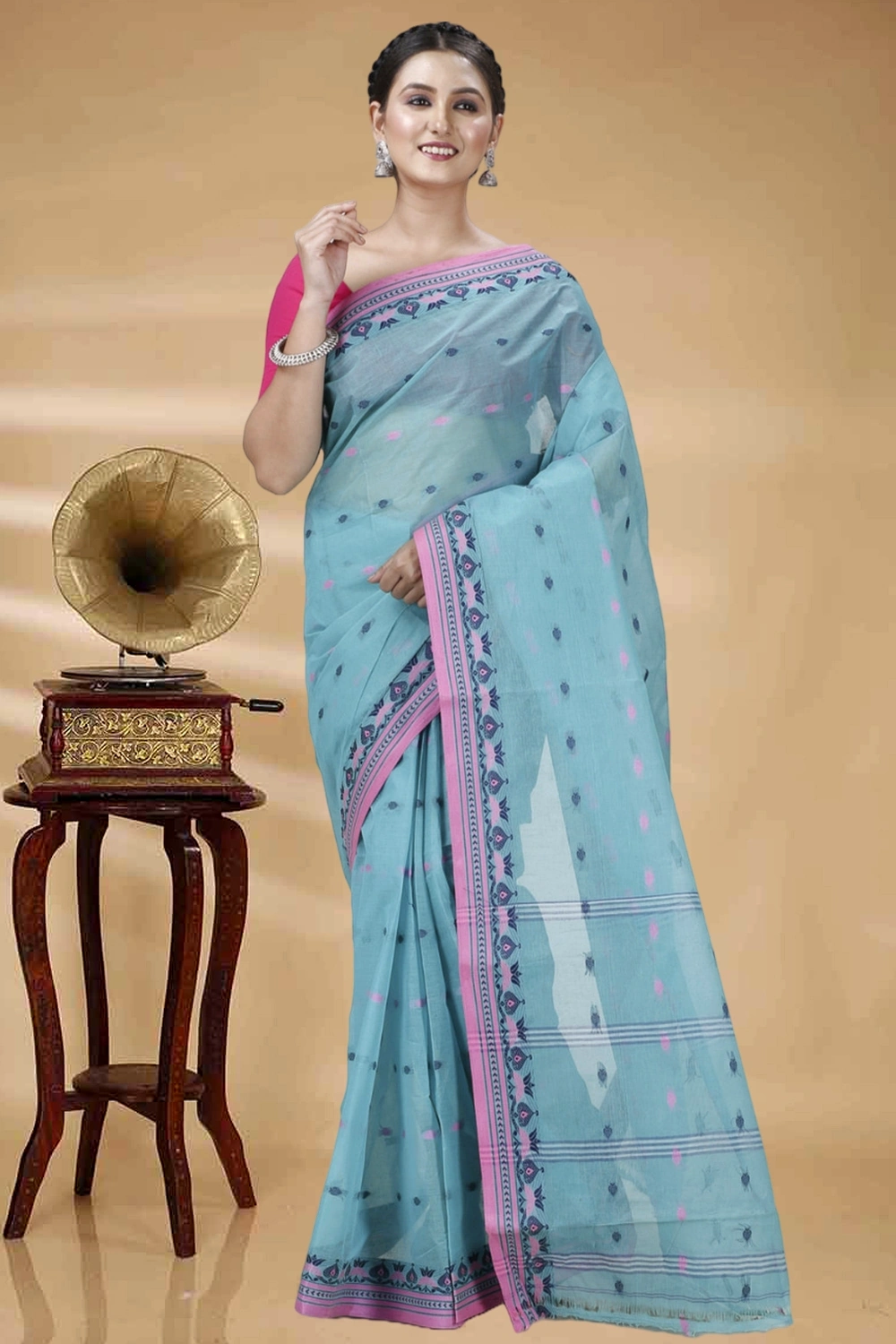 See Green Pure Cotton Uvra Tant Saree (1295)