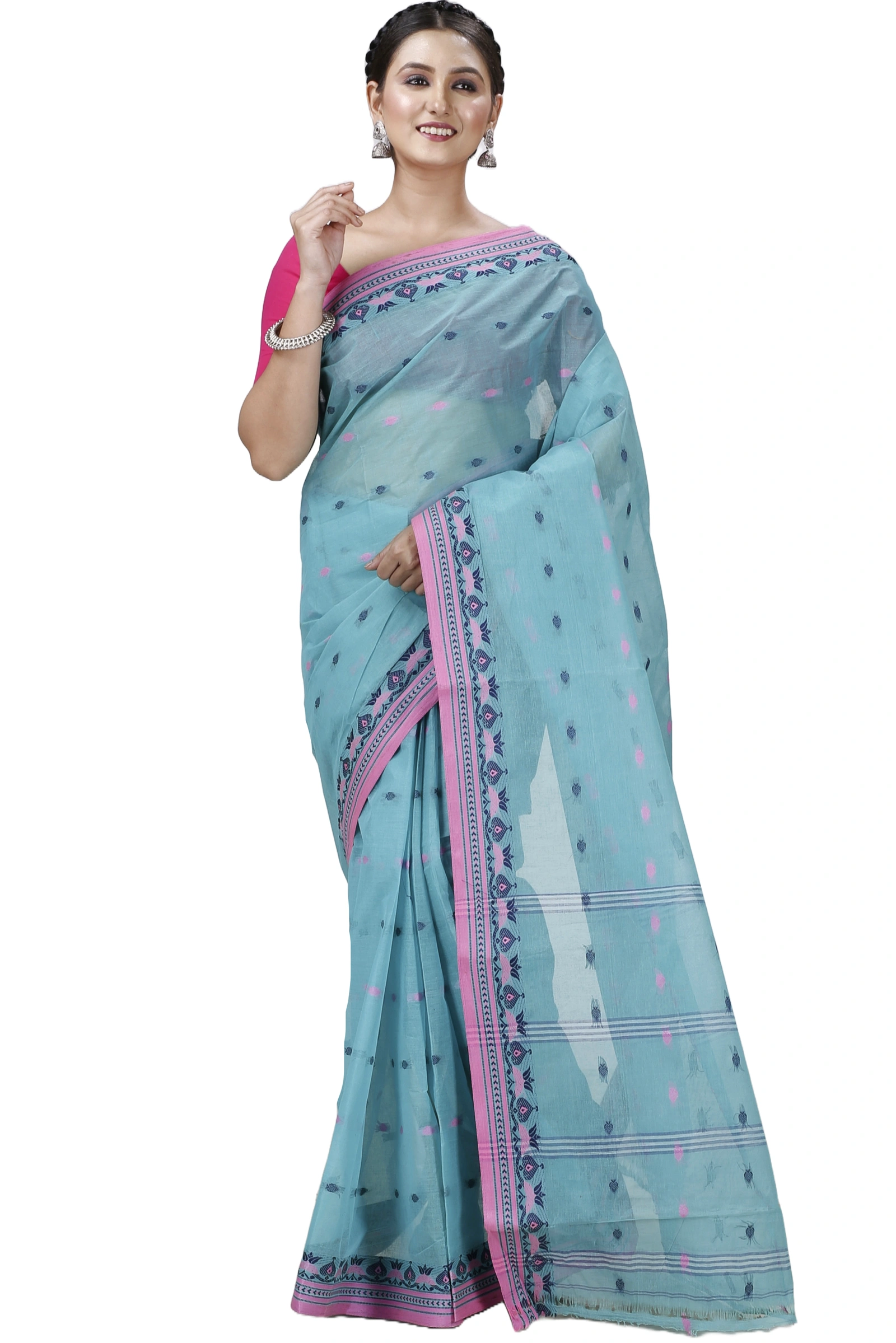 See Green Pure Cotton Uvra Tant Saree (1295)