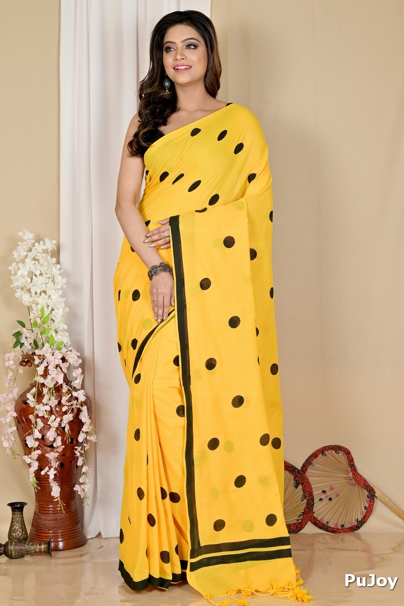 Yellow Pure Cotton Tip Hand Loom Saree (1298)