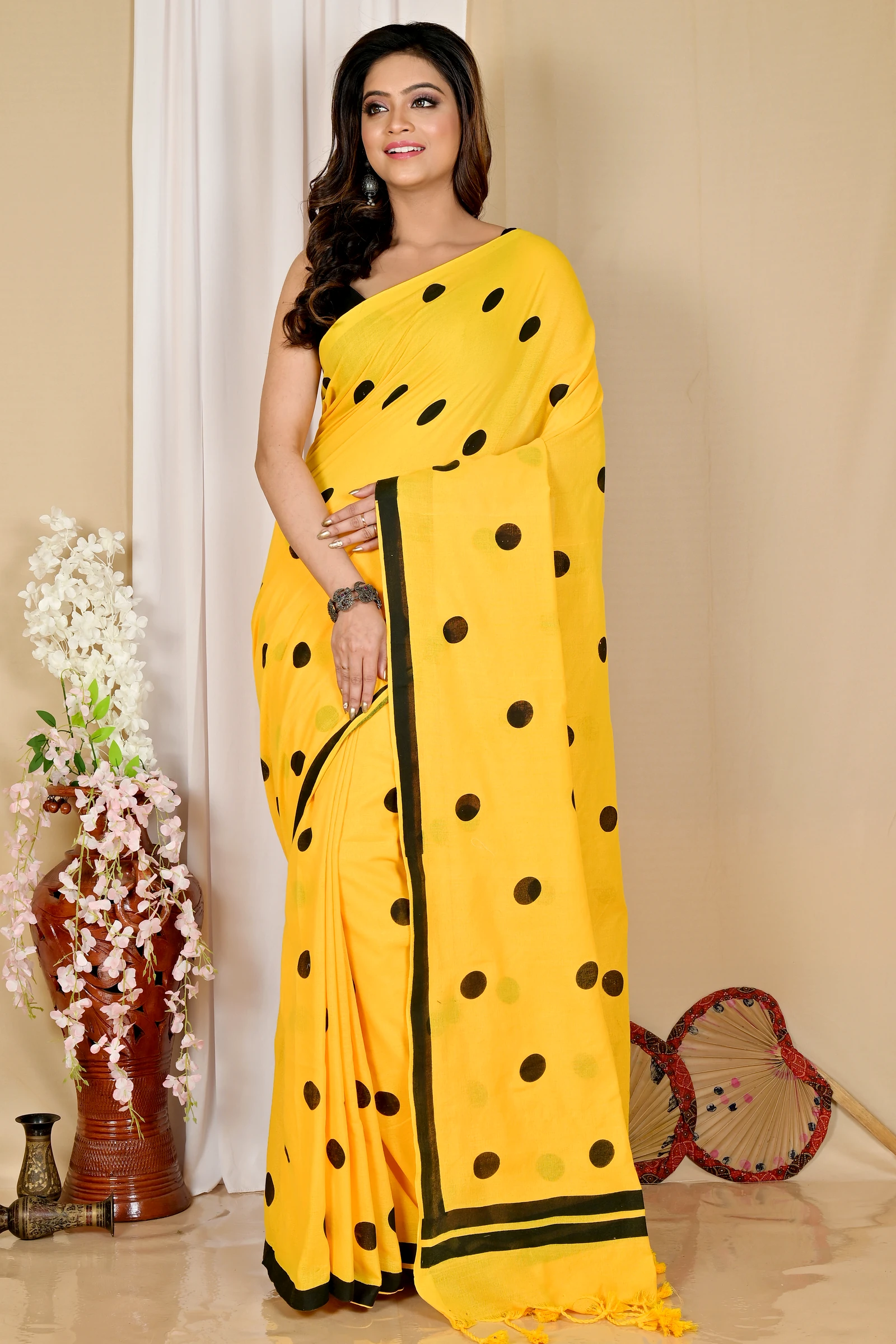 Yellow Pure Cotton Tip Hand Loom Saree (1298)