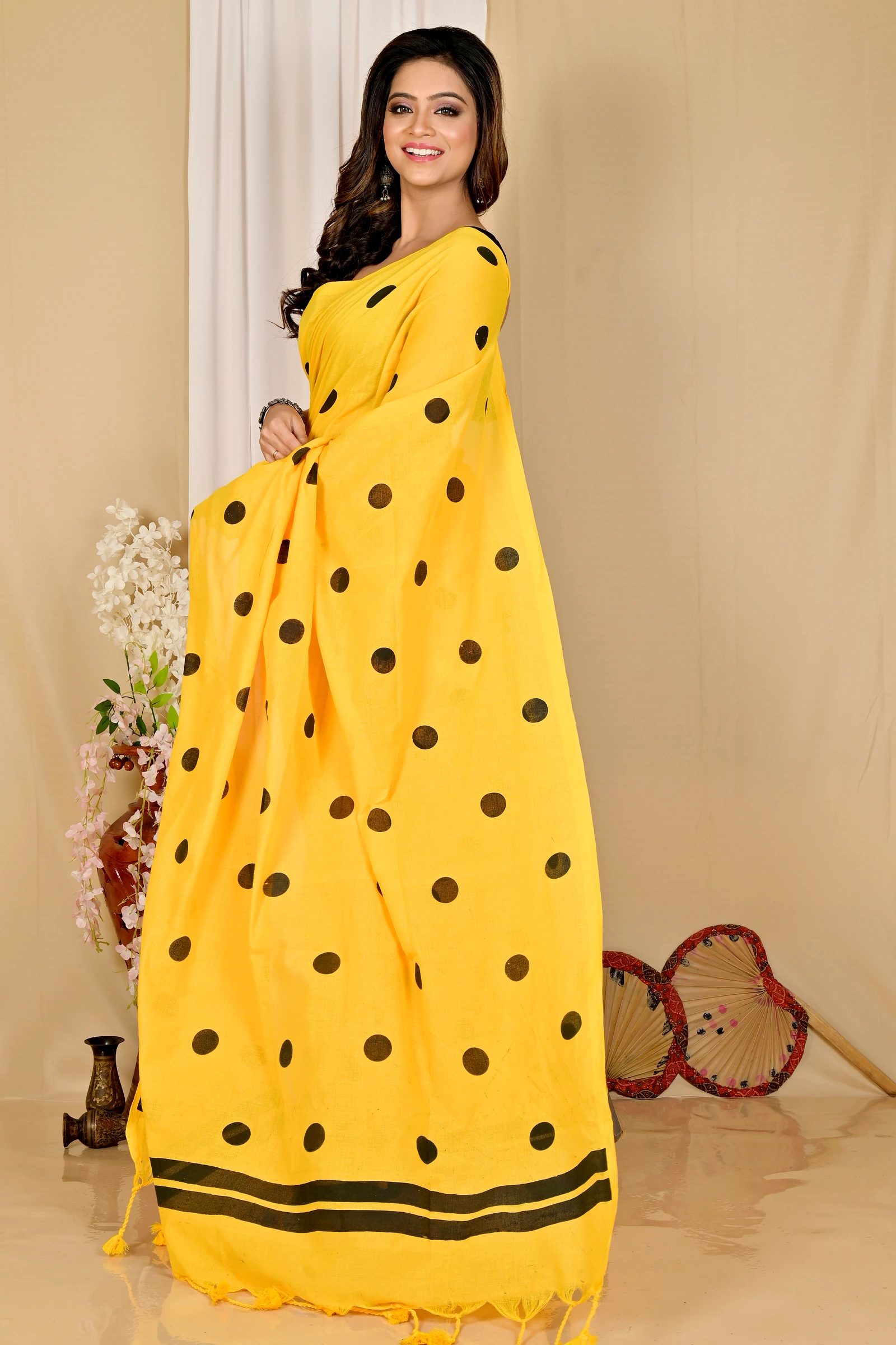 Yellow Pure Cotton Tip Hand Loom Saree (1298)