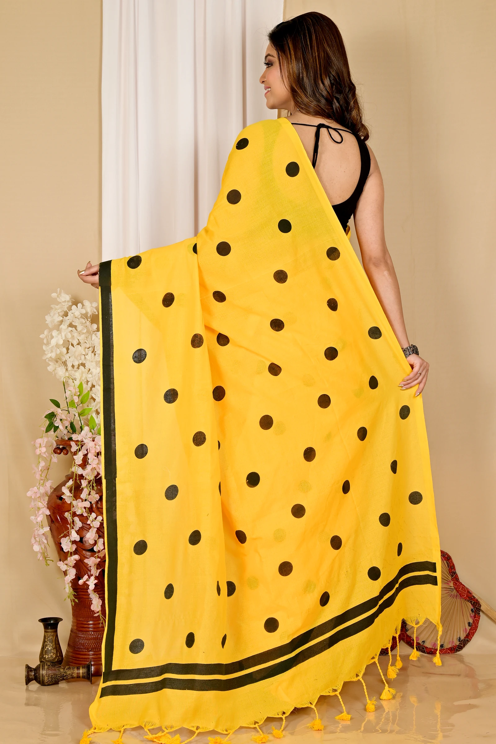 Yellow Pure Cotton Tip Hand Loom Saree (1298)
