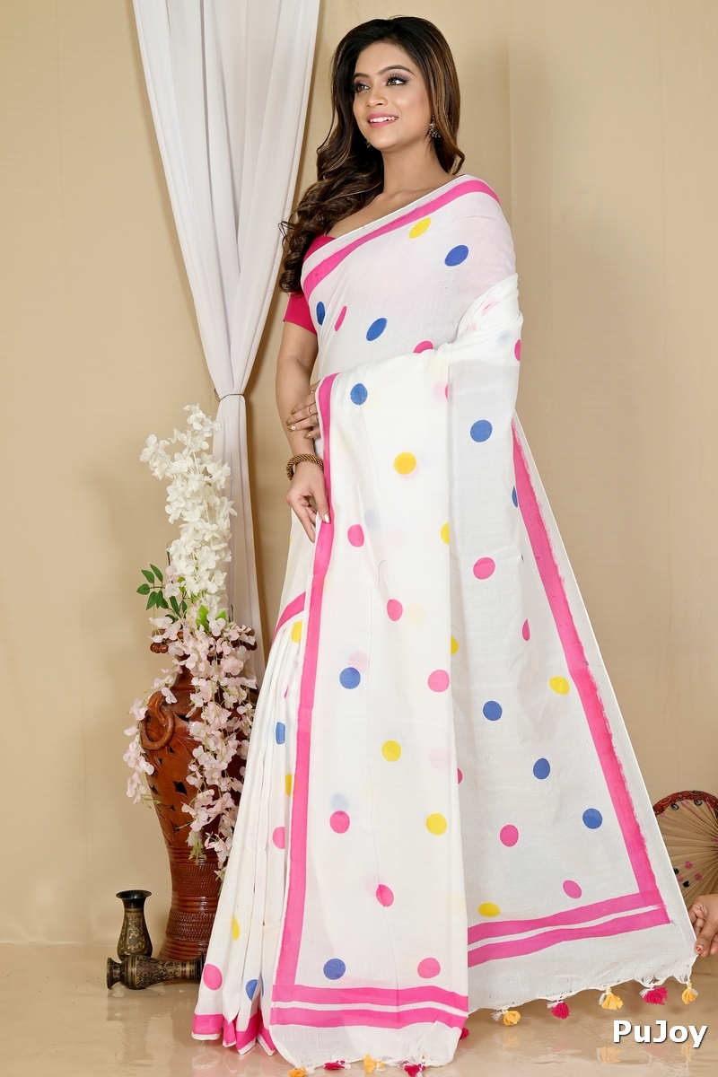 White Pure Cotton Tip Hand Loom Saree (1299)