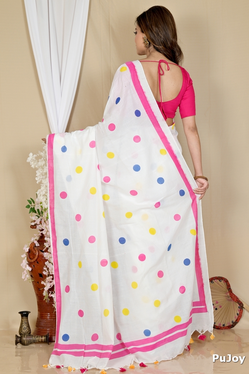 White Pure Cotton Tip Hand Loom Saree (1299)