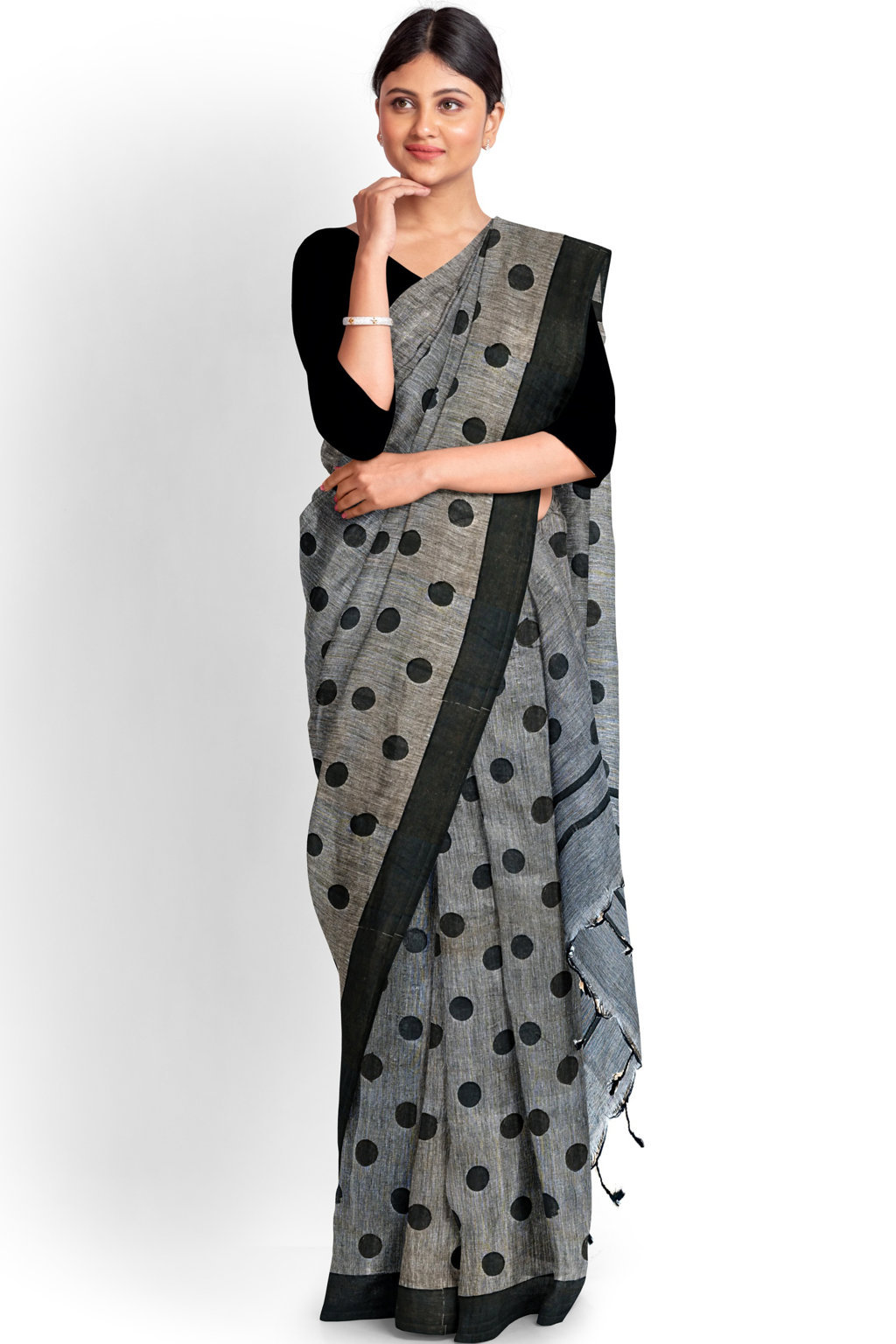 Grey Pure Cotton Tip Hand Loom Saree (1301)