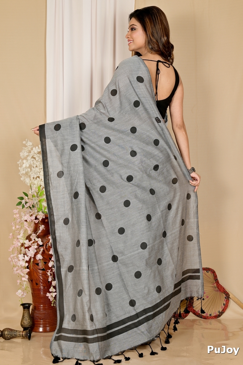Grey Pure Cotton Tip Hand Loom Saree (1301)