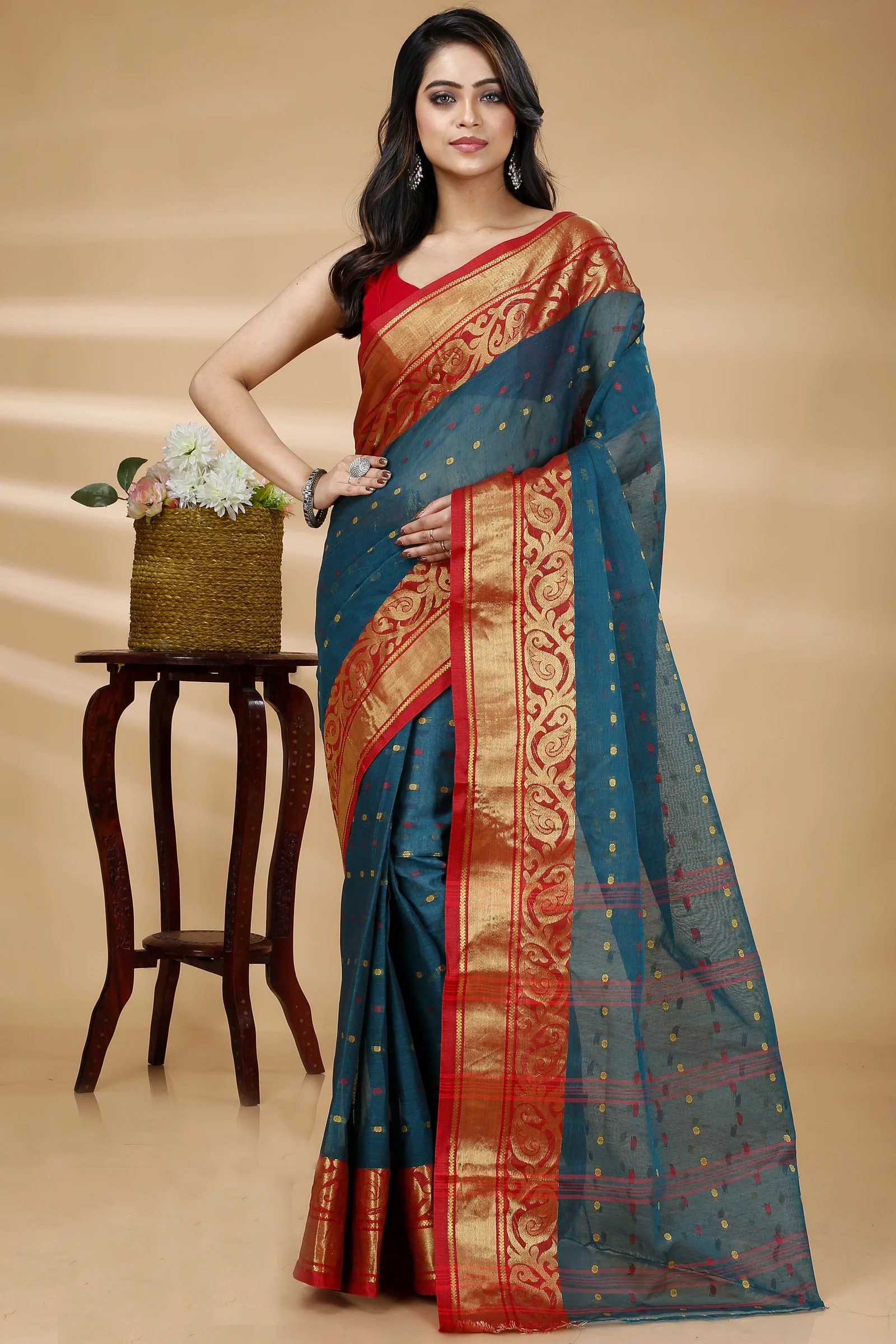 Dark Green Pure Cotton Sachi Tant Saree (1304)