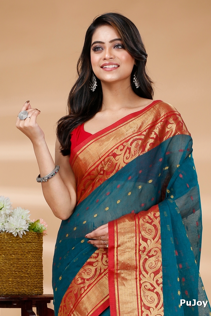 Dark Green Pure Cotton Sachi Tant Saree (1304)