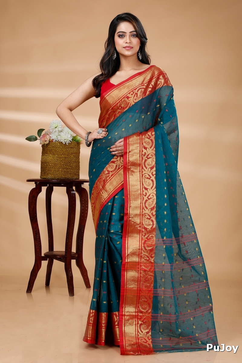 Dark Green Pure Cotton Sachi Tant Saree (1304)